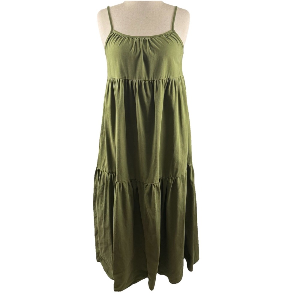 Tiered Maxi Sun Dress Sz S Olive Green Cottage Peasant Casual Resort Boho Cotton